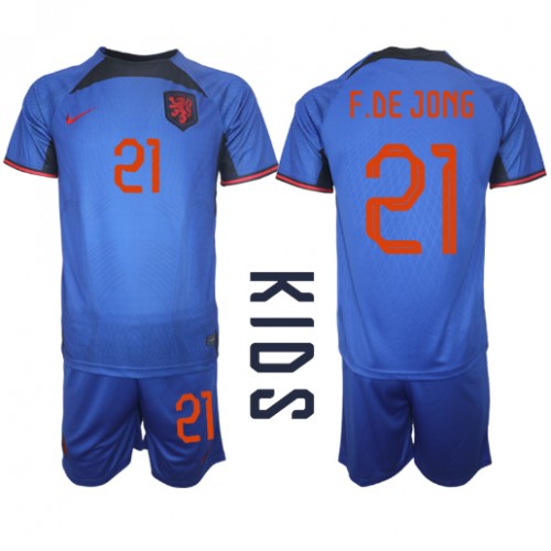 Echipament fotbal Olanda Frenkie de Jong #21 Tricou Deplasare Mondial 2022 pentru copii maneca scurta (+ Pantaloni scurti)